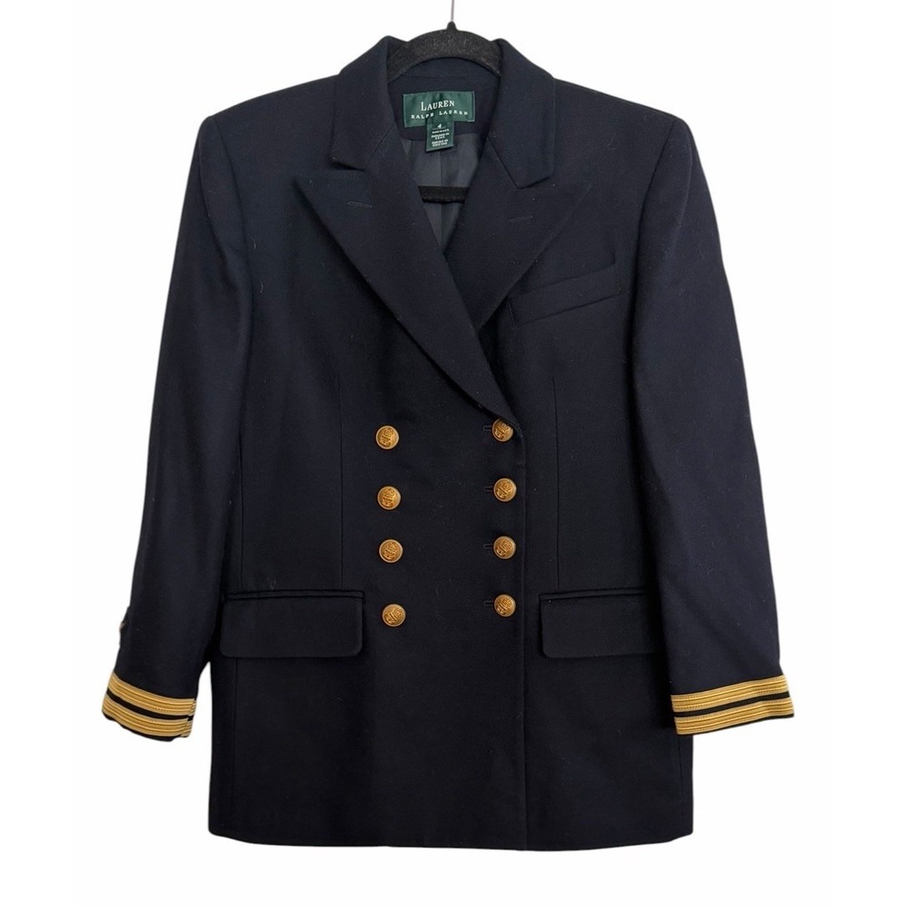 Vtg Ralph Lauren Military Blazer Navy Blue 100% Wool Gold Buttons Women's Size 4